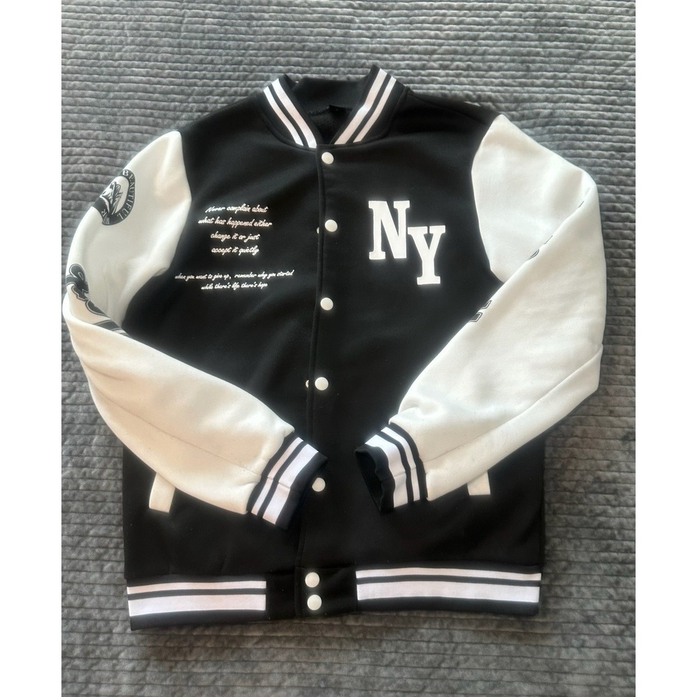 Manfinity NY Varsity Jacket Black/White Letterman Style New York Graphic Sz S